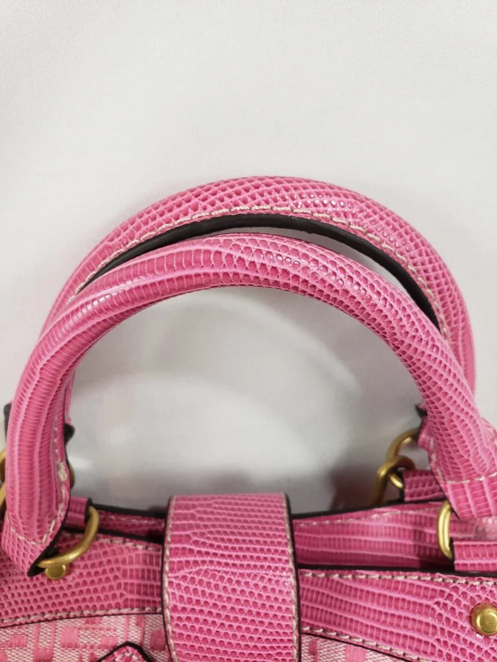 GUESS Pink Signature Satchel with Reptile Trim & Gold Hardware